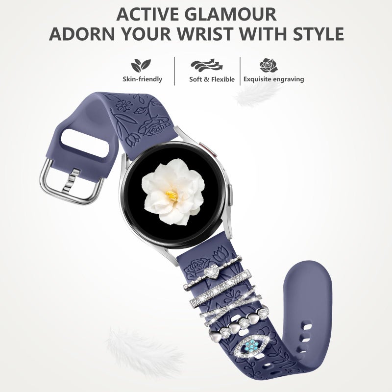 DaQin Flower Engraved Band Compatible with Samsung Galaxy Watch 7 Band/FE 6 5 4 40mm 44mm,Galaxy Active 2, 20mm Watch Band Soft Silicone Replacement Strap with Decorative Charms Accessories Women - Image 3