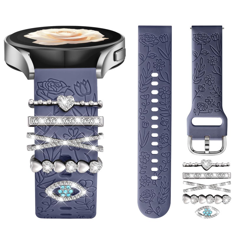 DaQin Flower Engraved Band Compatible with Samsung Galaxy Watch 7 Band/FE 6 5 4 40mm 44mm,Galaxy Active 2, 20mm Watch Band Soft Silicone Replacement Strap with Decorative Charms Accessories Women - Image 1