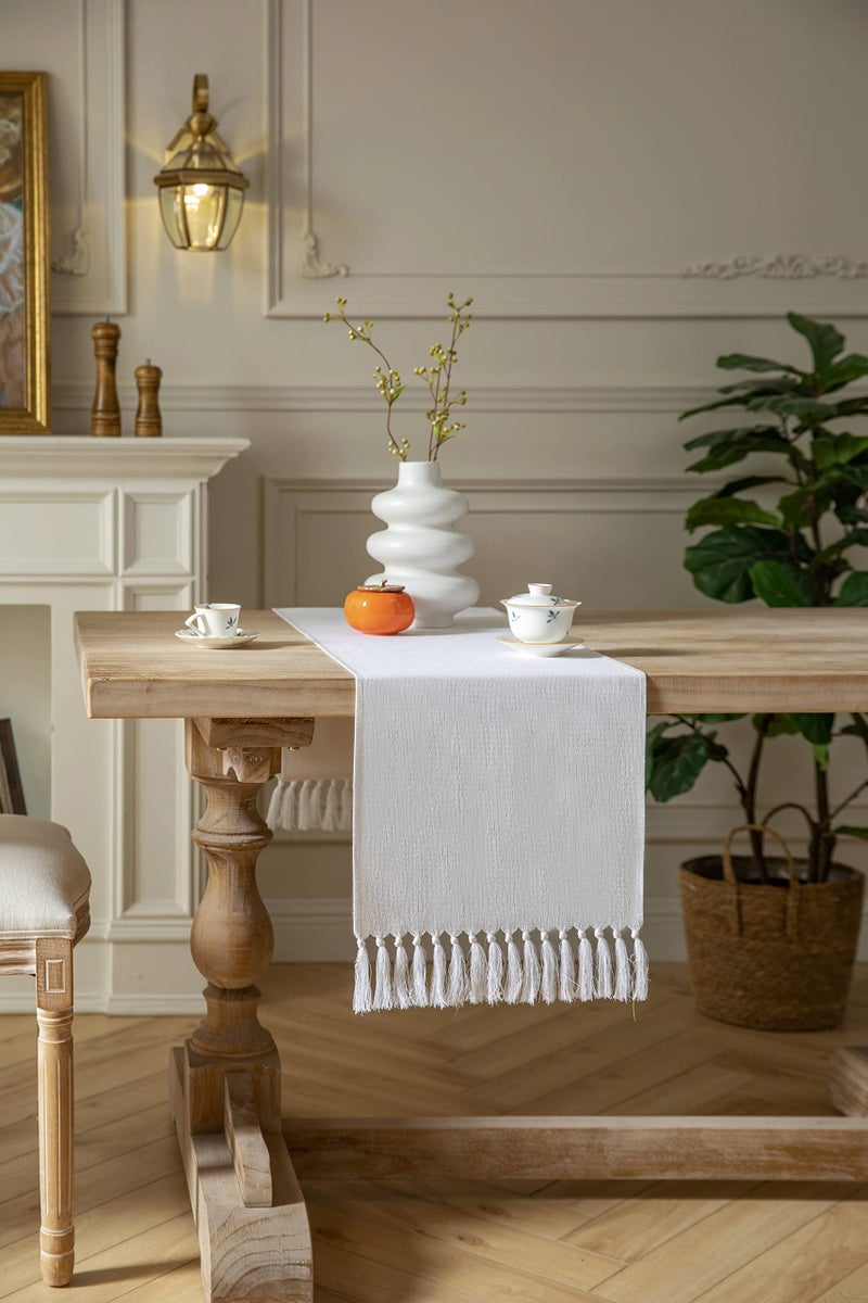 ZeeMart White Table Runners 72 Inches Long  Burlap Linen Style Rustic Farmhouse Table Runner  Boho Woven Dining Table Runner  13x72 Inches  White - Image 2