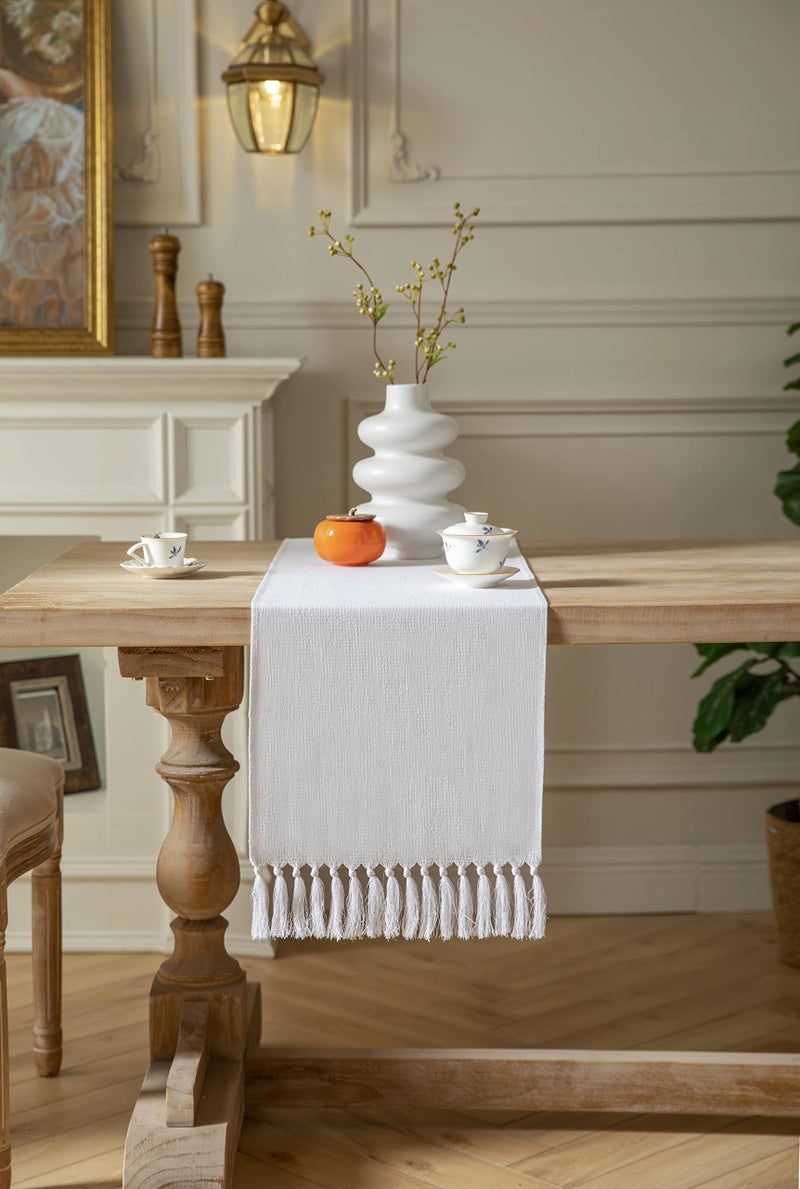 ZeeMart White Table Runners 72 Inches Long  Burlap Linen Style Rustic Farmhouse Table Runner  Boho Woven Dining Table Runner  13x72 Inches  White - Image 1
