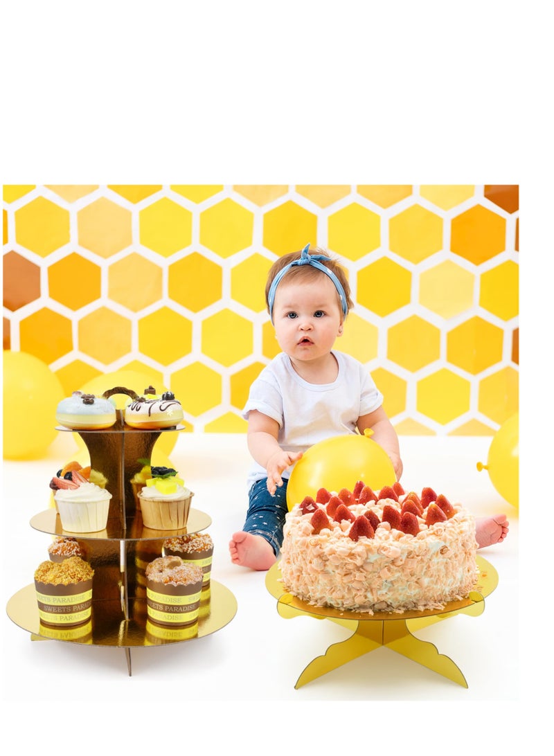 SYOSI 3 PCS Cardboard Cupcake Stand 2 Set of 3 Tier Cupcake Stand for 24 Cupcakes and 1 Large Cake Display Serving Tray Cupcake Tower Set for Wedding Baby Shower Birthday Party Decor, Gold - Image 4