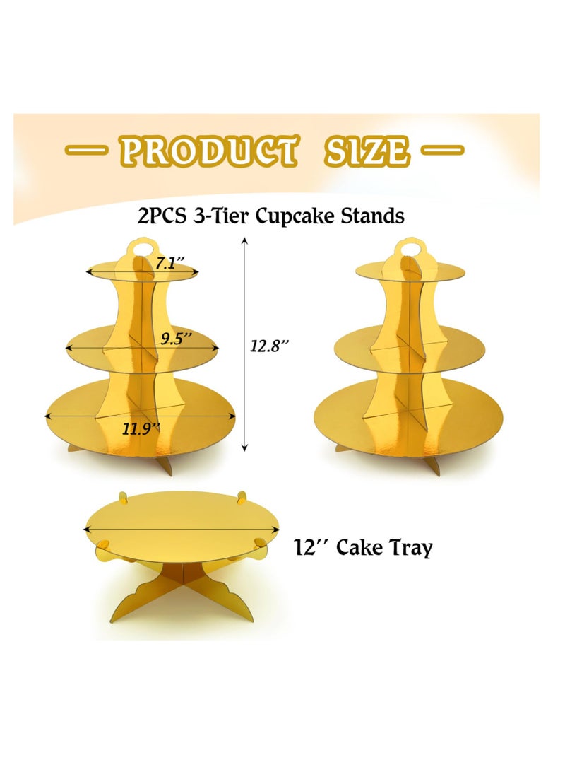 SYOSI 3 PCS Cardboard Cupcake Stand 2 Set of 3 Tier Cupcake Stand for 24 Cupcakes and 1 Large Cake Display Serving Tray Cupcake Tower Set for Wedding Baby Shower Birthday Party Decor, Gold - Image 2