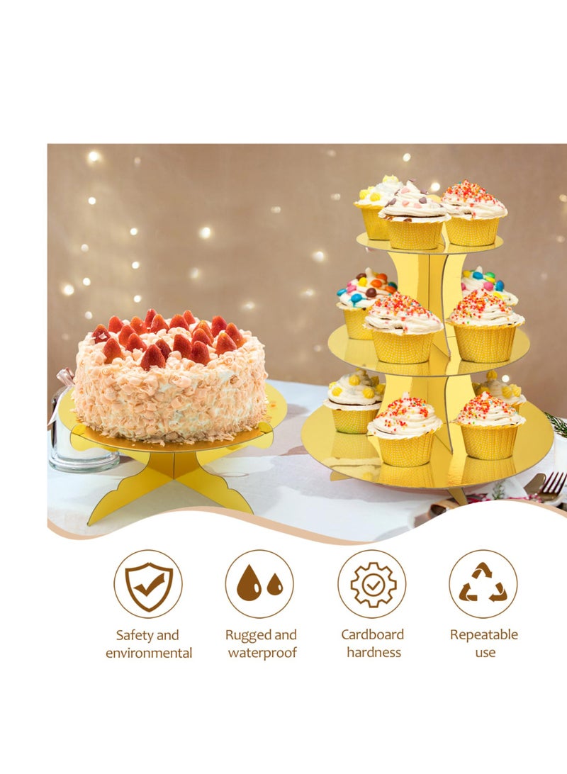 SYOSI 3 PCS Cardboard Cupcake Stand 2 Set of 3 Tier Cupcake Stand for 24 Cupcakes and 1 Large Cake Display Serving Tray Cupcake Tower Set for Wedding Baby Shower Birthday Party Decor, Gold - Image 3