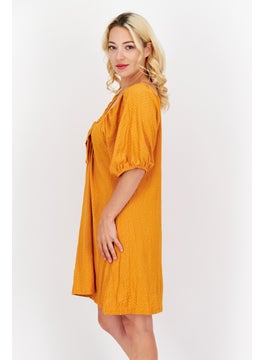 MANGO Women Textured Puffed Sleeve Mini Dress, Squash  - Image 3