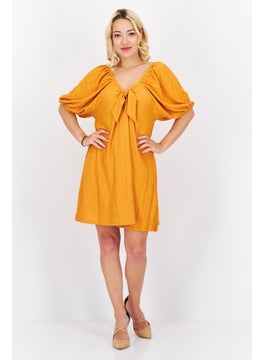 MANGO Women Textured Puffed Sleeve Mini Dress, Squash  - Image 1