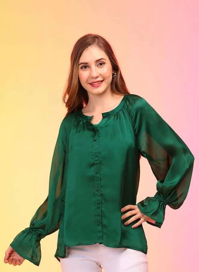 globus Satin Loose Fit Balloon Sleeves Buttoned Top