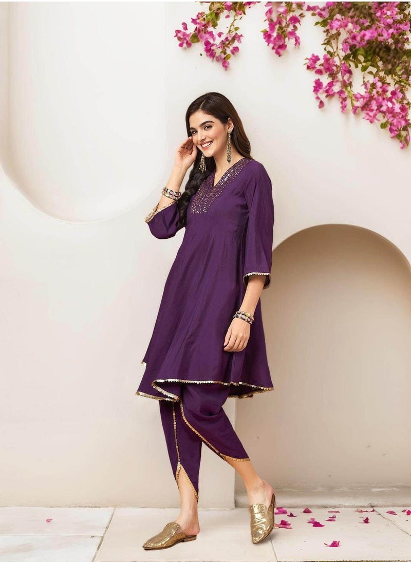 ISHIN Women's Lilac 100% Cotton Self Design Full Length Palazzo Kurta Set  - Image 2