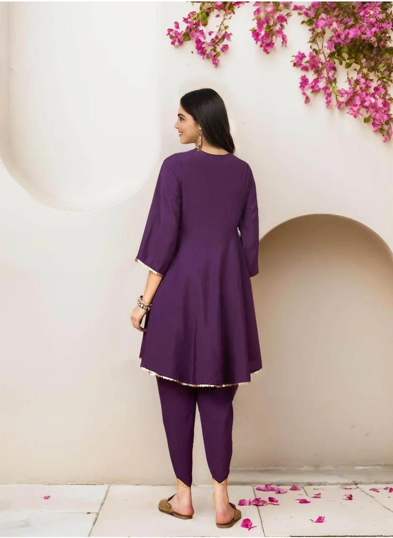ISHIN Women's Lilac 100% Cotton Self Design Full Length Palazzo Kurta Set