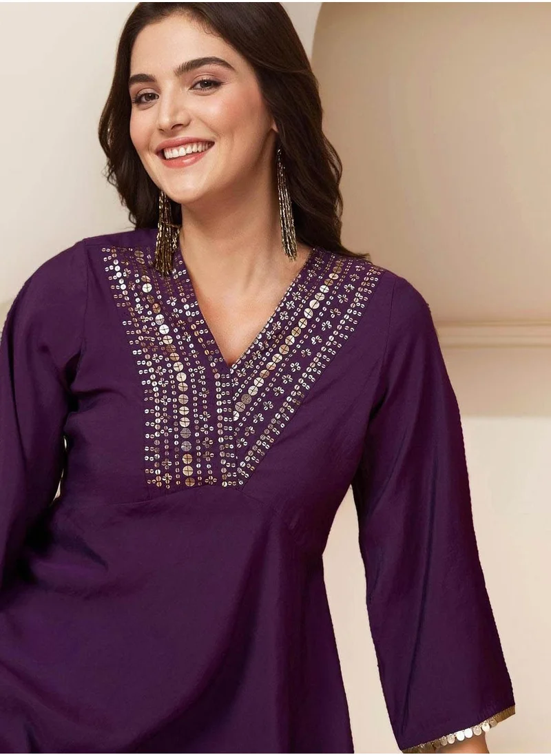 ISHIN Women's Lilac 100% Cotton Self Design Full Length Palazzo Kurta Set