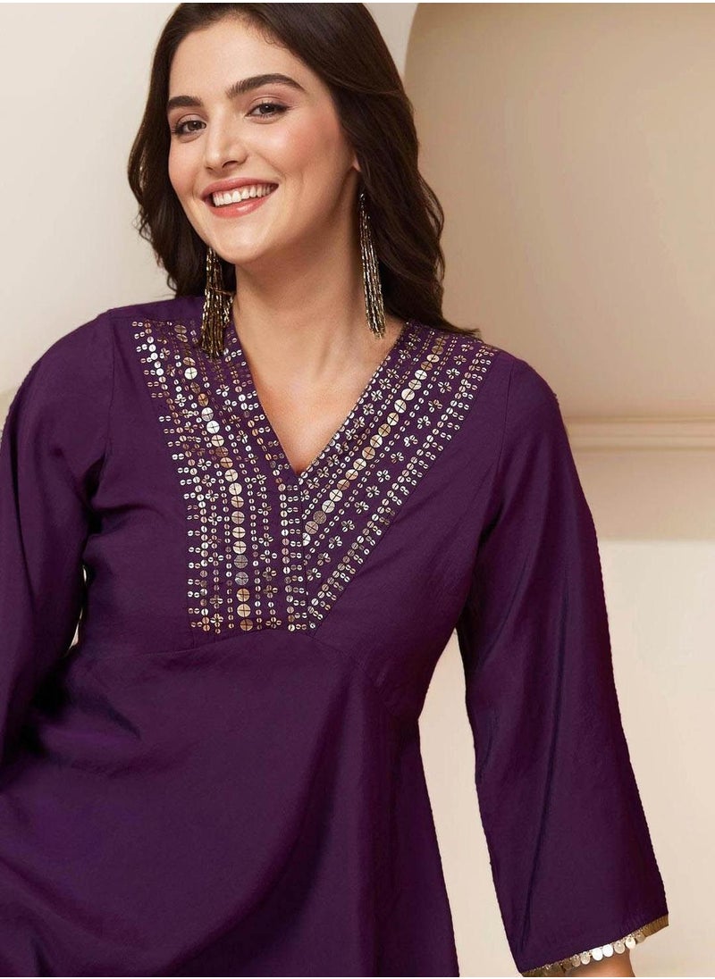 ISHIN Women's Lilac 100% Cotton Self Design Full Length Palazzo Kurta Set  - Image 5