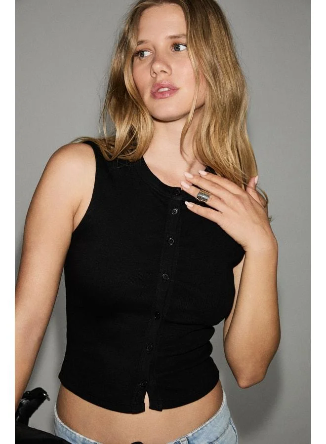 GRIMELANGE BUNREK Women's Soft and Stretch Fabric Buttoned Sleeveless Black Blouse.