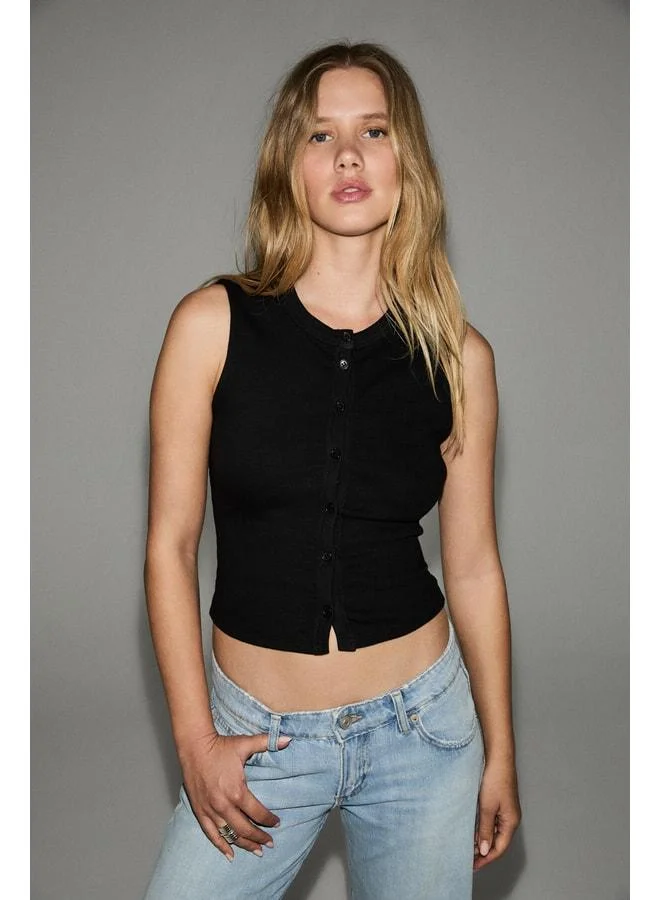 GRIMELANGE BUNREK Women's Soft and Stretch Fabric Buttoned Sleeveless Black Blouse.