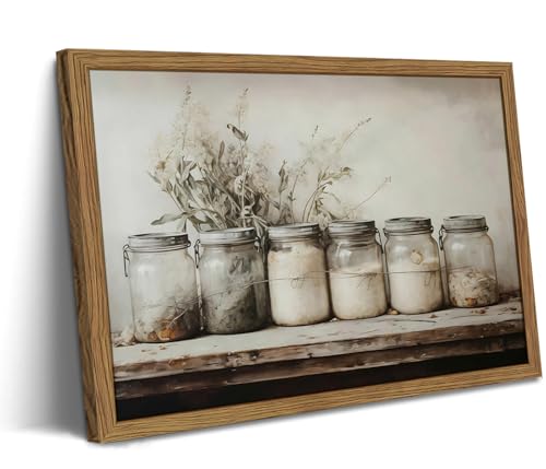 YSGGTR Framed Vintage Kitchen Canvas Wall Art, Rustic Farmhouse Mason Jar Pictures Wall Decor, Country Spice Still Life Paintings Prints Home Decor Artwork for Dining Room 12x16 inch - Image 1