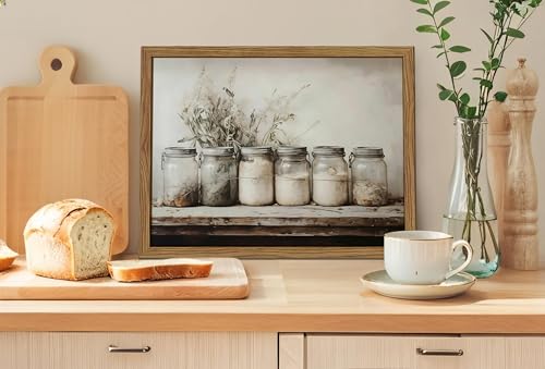 YSGGTR Framed Vintage Kitchen Canvas Wall Art, Rustic Farmhouse Mason Jar Pictures Wall Decor, Country Spice Still Life Paintings Prints Home Decor Artwork for Dining Room 12x16 inch - Image 2