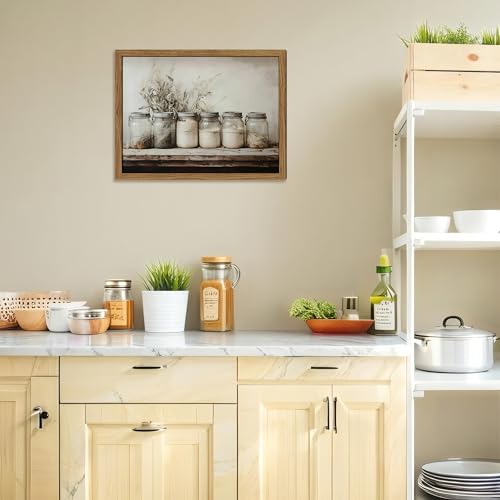 YSGGTR Framed Vintage Kitchen Canvas Wall Art, Rustic Farmhouse Mason Jar Pictures Wall Decor, Country Spice Still Life Paintings Prints Home Decor Artwork for Dining Room 12x16 inch - Image 3