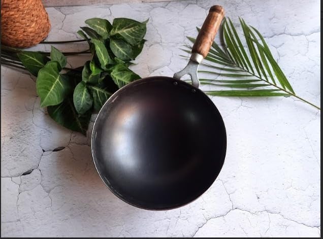 EARTHBOUND Iron Wok 8 inch with Strong Wooden HandleMade with Pure IronNaturally Non StickpreSeasonedno Chemical CoatingNon Toxic - Image 1