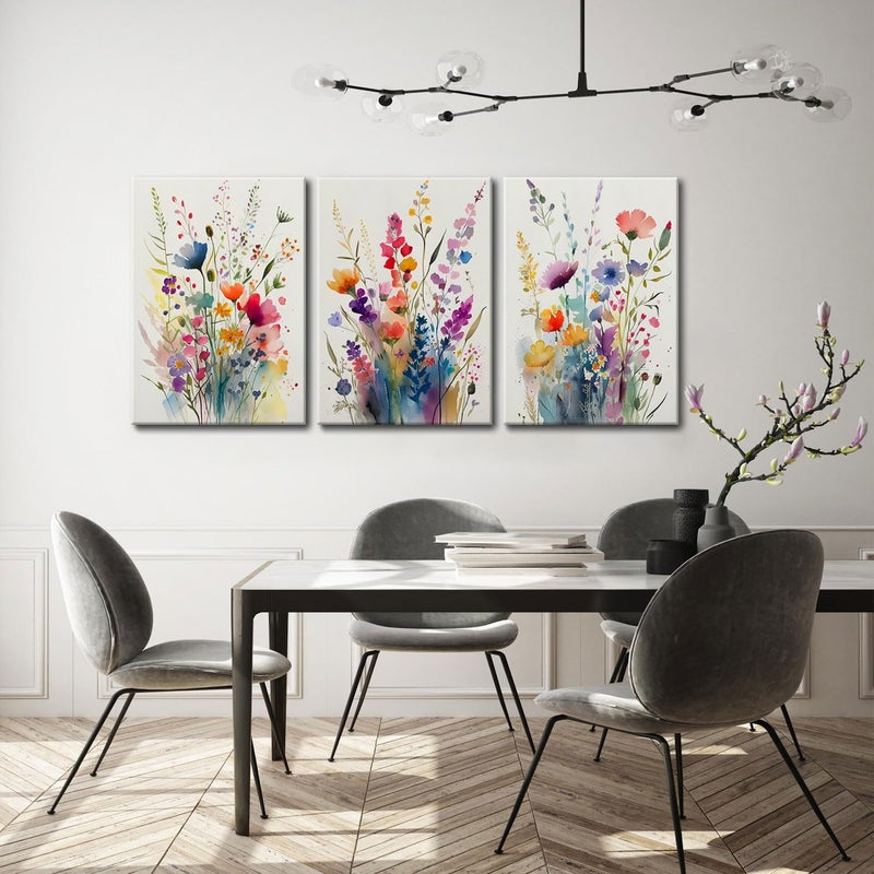 KISSFOX 3 Piece Canvas Wall Art Wildflowers Wall Decor Floral Pictures Botanical Paintings Colorful Prints Watercolor Artwork For Bedroom Bathroom Living Room - Image 2