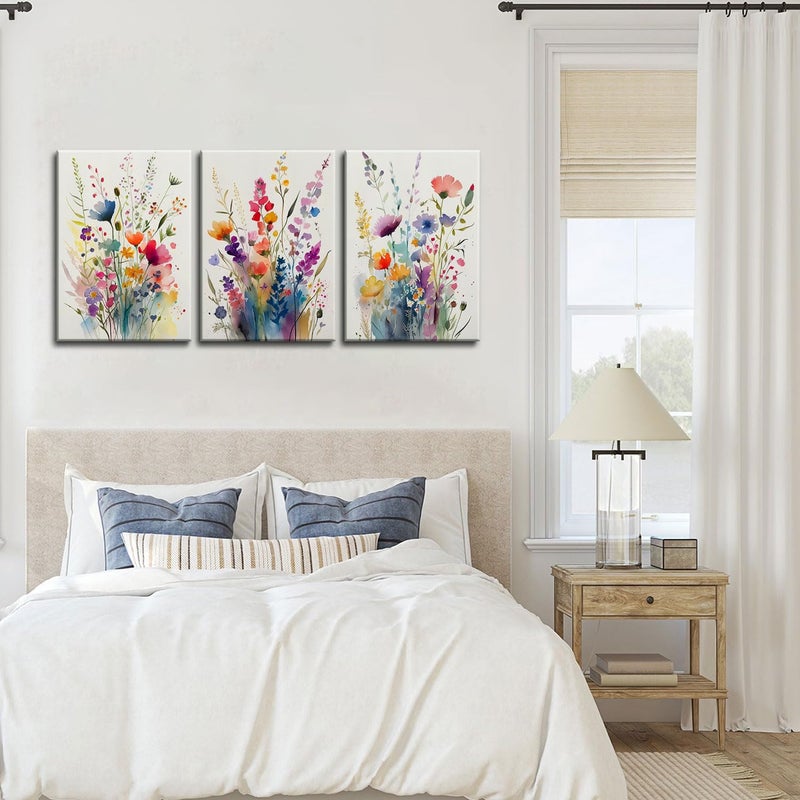 KISSFOX 3 Piece Canvas Wall Art Wildflowers Wall Decor Floral Pictures Botanical Paintings Colorful Prints Watercolor Artwork For Bedroom Bathroom Living Room - Image 3