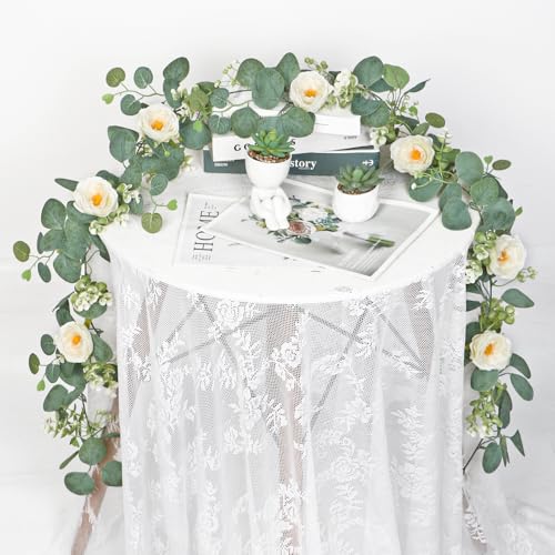 TOCHGREEN 2 Pack 13Ft Artificial Eucalyptus Flower Garland with White Roses, Fake Rose Flower Greenery Garland Floral Vines for Wedding Home Party Table Runner Decor (2PCS, White) - Image 3