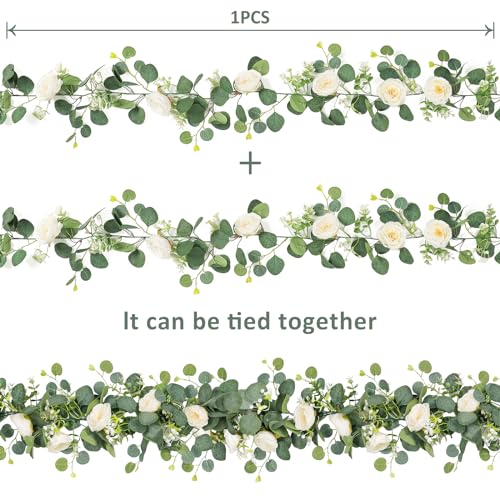 TOCHGREEN 2 Pack 13Ft Artificial Eucalyptus Flower Garland with White Roses, Fake Rose Flower Greenery Garland Floral Vines for Wedding Home Party Table Runner Decor (2PCS, White) - Image 4