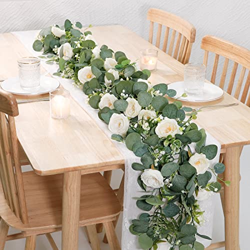 TOCHGREEN 2 Pack 13Ft Artificial Eucalyptus Flower Garland with White Roses, Fake Rose Flower Greenery Garland Floral Vines for Wedding Home Party Table Runner Decor (2PCS, White) - Image 2