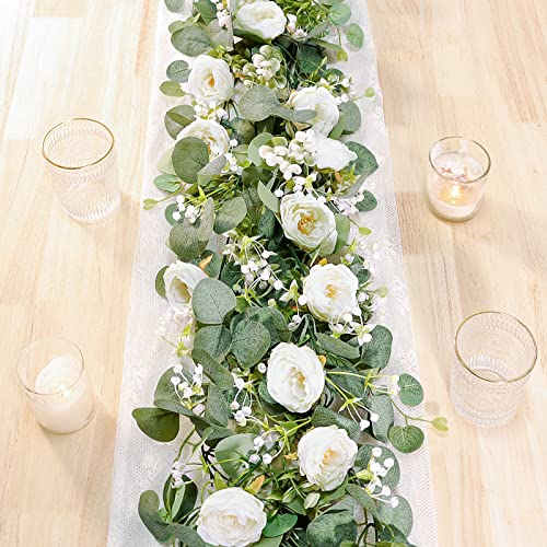 TOCHGREEN 2 Pack 13Ft Artificial Eucalyptus Flower Garland with White Roses, Fake Rose Flower Greenery Garland Floral Vines for Wedding Home Party Table Runner Decor (2PCS, White) - Image 1