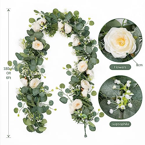 TOCHGREEN 2 Pack 13Ft Artificial Eucalyptus Flower Garland with White Roses, Fake Rose Flower Greenery Garland Floral Vines for Wedding Home Party Table Runner Decor (2PCS, White) - Image 5