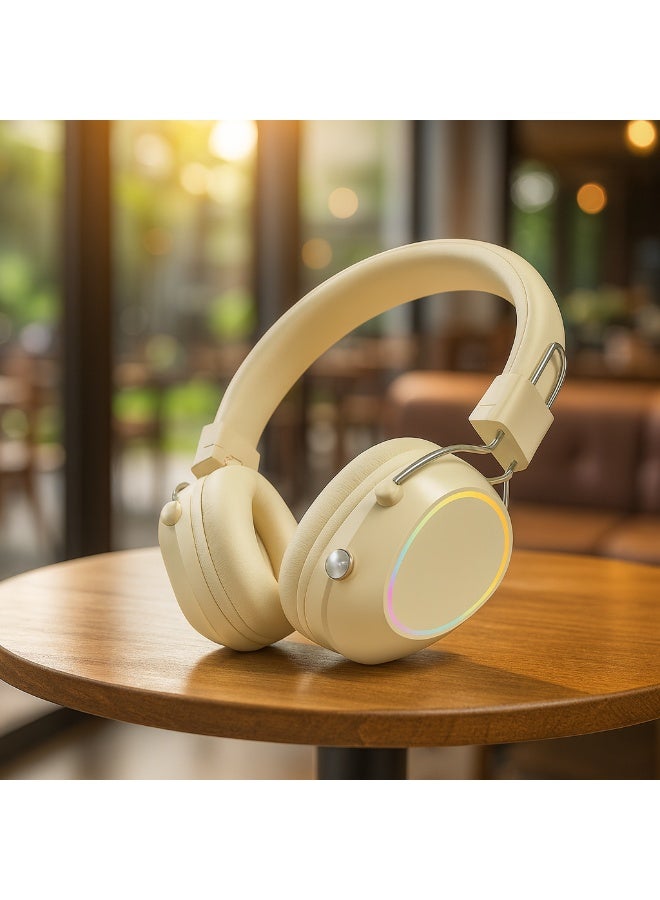 JL580 Wireless Headphones - Pure Bass Sound - Foldable, Powerful Sound, and Colorful LED Noise Cancelling Lighting - Beige - Image 2