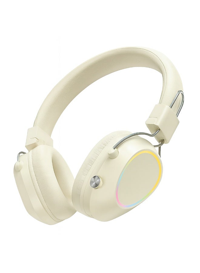 JL580 Wireless Headphones - Pure Bass Sound - Foldable, Powerful Sound, and Colorful LED Noise Cancelling Lighting - Beige - Image 1