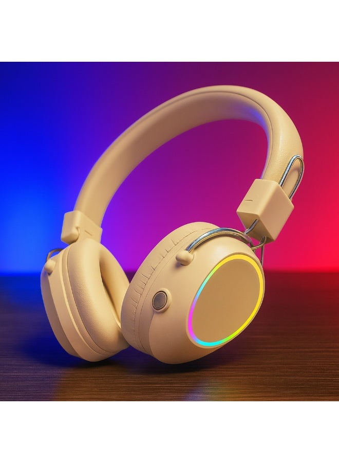 JL580 Wireless Headphones - Pure Bass Sound - Foldable, Powerful Sound, and Colorful LED Noise Cancelling Lighting - Beige - Image 5