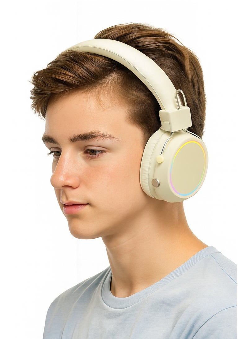 JL580 Wireless Headphones - Pure Bass Sound - Foldable, Powerful Sound, and Colorful LED Noise Cancelling Lighting - Beige - Image 3