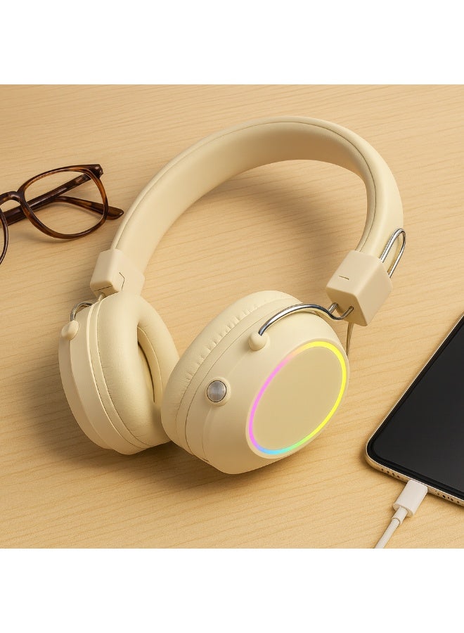 JL580 Wireless Headphones - Pure Bass Sound - Foldable, Powerful Sound, and Colorful LED Noise Cancelling Lighting - Beige - Image 4