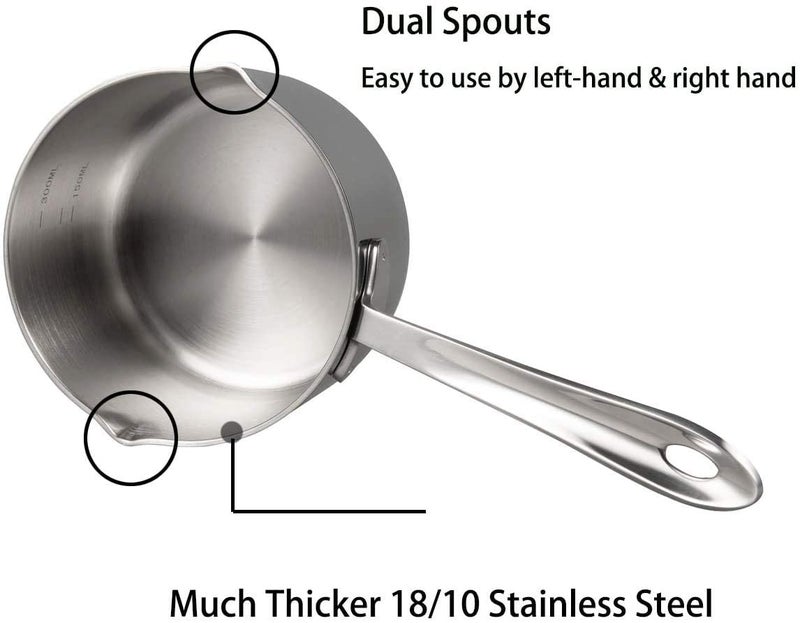 IMEEA 10oz/300ml Butter Coffee Milk Warmer Mini Butter Melting Pot with Dual Pour Spout 18/10 Tri-Ply Stainless Steel - Image 4
