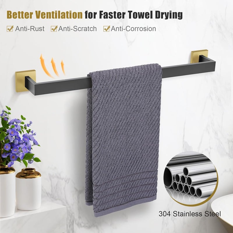 TURS 10-Piece Bathroom Hardware Accessories Set Black&Gold Towel Bar Holder Set SUS304 Stainless Steel Towel Racks for Bathroom Wall Mounted, 23.6-Inch - Image 2