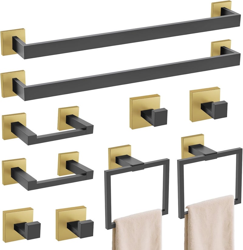 TURS 10-Piece Bathroom Hardware Accessories Set Black&Gold Towel Bar Holder Set SUS304 Stainless Steel Towel Racks for Bathroom Wall Mounted, 23.6-Inch - Image 1