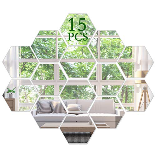 KimDaro 3D Hexagon Acrylic Mirror Wall Decor  Self Adhesive Tiles 15 PCS