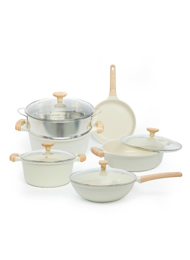 VAV GET Healthy & Safe Ceramic Nonstick 10-Pcs Cookware Set, Non-Toxic, Induction Ready, PFAS-PFOA Free Set with Soft-Touch Handles. Lattice Series Includes: 28cm and 24cm Casseroles with 28cm Steamer, 28cm Wok and 28cm Shallow Pans, 26cm Fry Pan. - Image 1