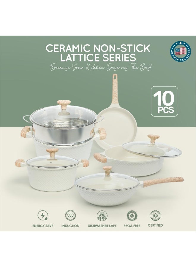 VAV GET Healthy & Safe Ceramic Nonstick 10-Pcs Cookware Set, Non-Toxic, Induction Ready, PFAS-PFOA Free Set with Soft-Touch Handles. Lattice Series Includes: 28cm and 24cm Casseroles with 28cm Steamer, 28cm Wok and 28cm Shallow Pans, 26cm Fry Pan. - Image 3