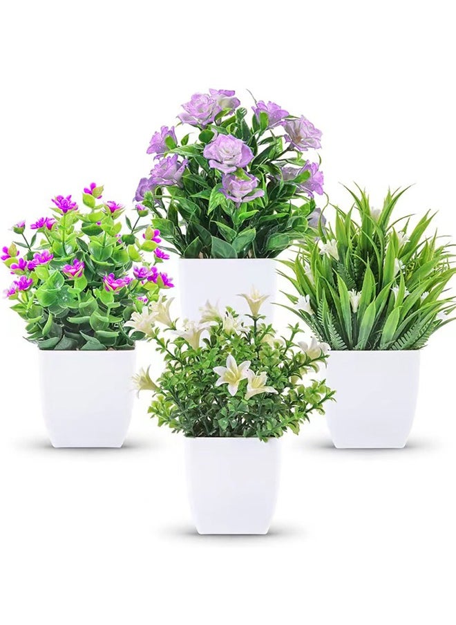 GUSGU 4 Pack Mini Artificial Flowers in Pot, Small Fake Greenery Plants, Faux Plastic Plants for Indoor Home Decor Living Room Bedroom Desktop Bookshelf Decoration StyleB  - Image 1