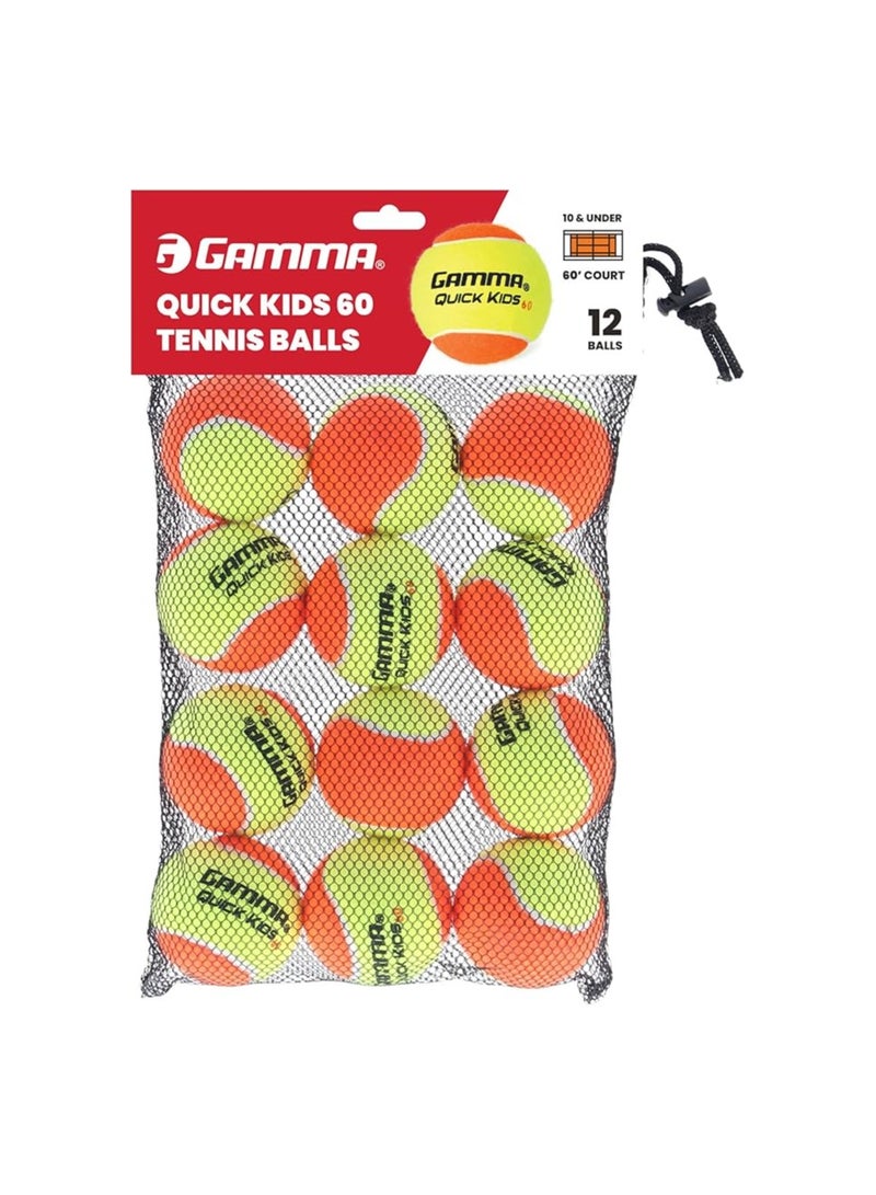 Gamma Quick Kids | bag of 12 ,  60' court Training Tennis Balls for Kids & Beginners, Low-Compression Core Reduces Speed & Bounce, Great for Tennis Practice, USTA & ITF Approved for 10 & Under Tournaments - Image 1
