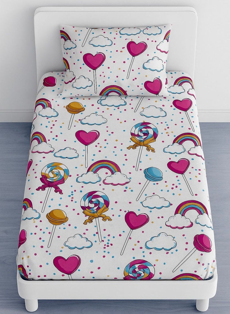 طقم سرير (ملاية سرير بأستيك لسرير مقاس 120 سم و كيس وسادة واحد تصميم كاندي لاند)