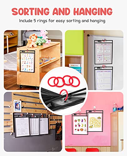 Gamenote Dry Erase Pockets 30 Pack with Rings, Oversized Reusable Plastic Sleeves Shop Ticket Holders Sheet Protectors Teacher Supplies Organization for Classroom Must Have (Black) - Image 5