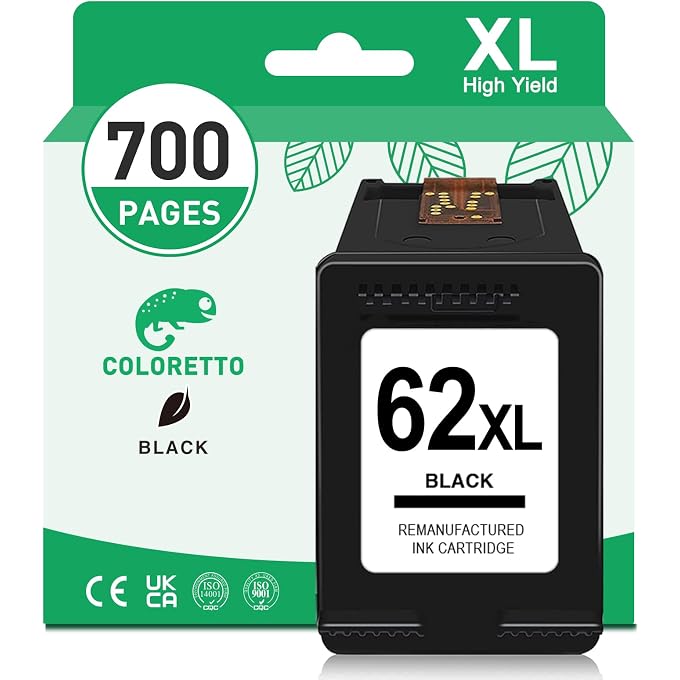 COLORETTO 62XL Remanufactured Printer Ink Cartridge Replacement for 62 XL (1 Black) High Yield to use with Envy 5548 5646 5660 5665 7640 7643 7644 7645 8000 8005 Combo Pack