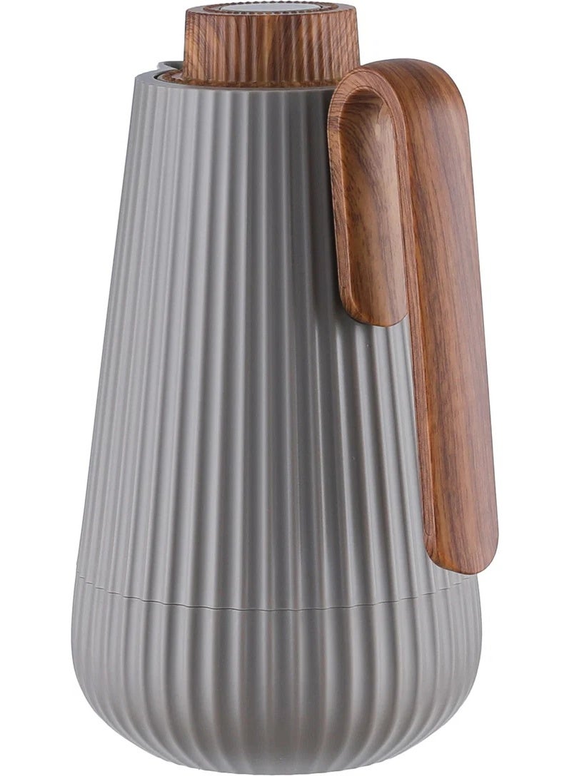 Glory Thermos, 0.7 Liter, Wooden Handle, Glass Interior, Wooden Pump - Cappuccino - Image 2
