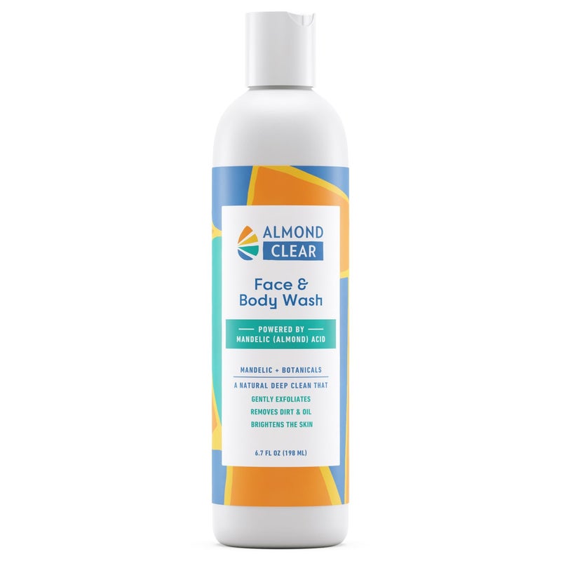 Almond Clear غسول وجه وجسم باللوز الشفاف [6.7 أونصة سائلة] للعناية بالبشرة المعرضة لحب الشباب والتهاب الجريبات الشعرية - منظف مقشر لطيف للاستخدام اليومي مع حمض الماندليك والنباتات الطبية - Image 1