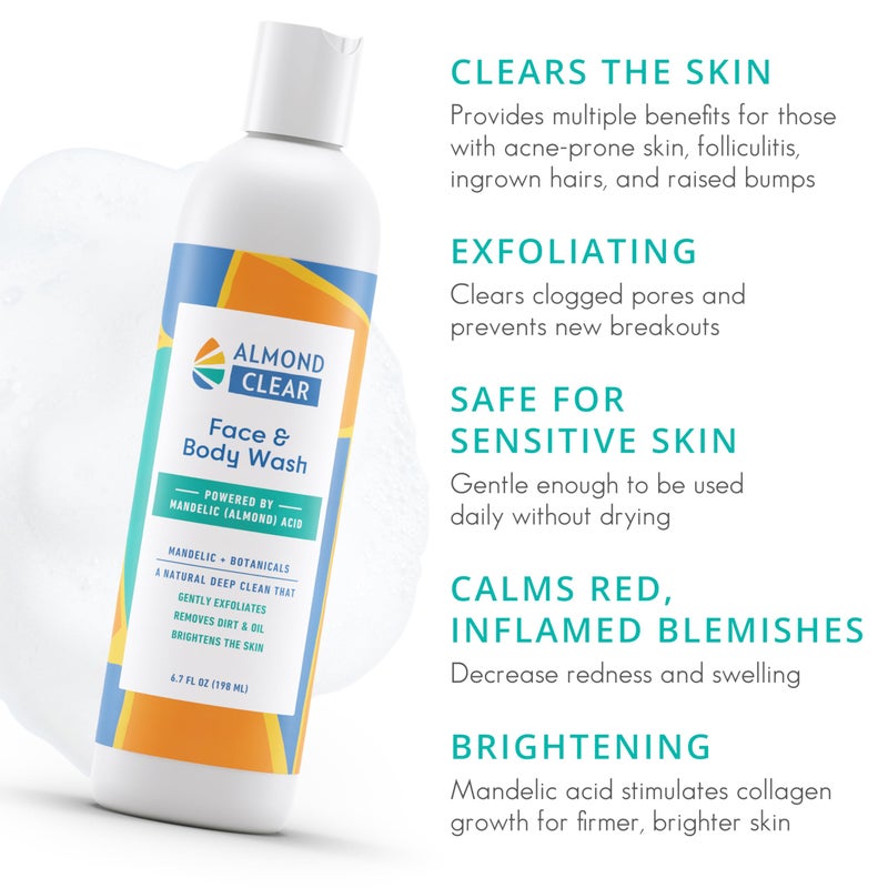 Almond Clear غسول وجه وجسم باللوز الشفاف [6.7 أونصة سائلة] للعناية بالبشرة المعرضة لحب الشباب والتهاب الجريبات الشعرية - منظف مقشر لطيف للاستخدام اليومي مع حمض الماندليك والنباتات الطبية - Image 2