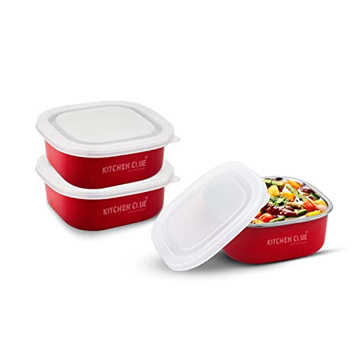 KITCHEN CLUE Stainless Steel Airtight & Leak-Proof Microwave Safe Lunch Box & Containers for Office School Kitchen I Set of 3 Pcs, 350 ML I Red I BPA Free Ideally Use for Kids & Adults (Set of 3 PCS) - Image 1