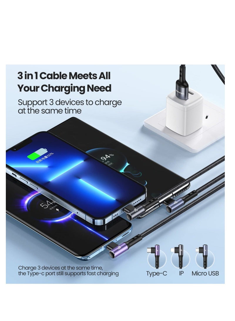 Captaintech Multi Charging Cable, 6A 4ft 3 in 1 Multi USB Fast Charging Cable, 90 Degrees Durable Nylon Braided, Universal Charging Cord with Type-C, Micro USB and IP Port for Cell Phones and More - Image 2