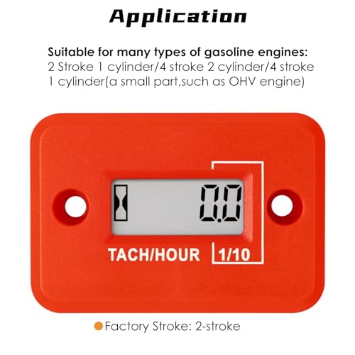 Jayron Nine-Rong Self-Powered Tach Hour Meter Digital LCD Inductive Tachometer Timing RPM Measuring Waterproof Design,for Gas Engine Lawn Mower Motorcycle Snowmobile Generator(2 Stroke)(Red) - Image 2