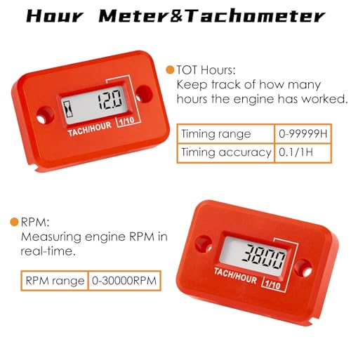 Jayron Nine-Rong Self-Powered Tach Hour Meter Digital LCD Inductive Tachometer Timing RPM Measuring Waterproof Design,for Gas Engine Lawn Mower Motorcycle Snowmobile Generator(2 Stroke)(Red) - Image 4